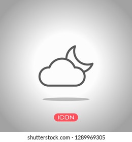 Mostly cloudy at night. Simple linear icon with thin outline. Icon under spotlight. Gray background