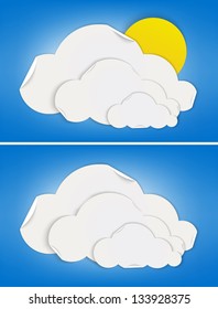Mostly cloudy and cloudy weather signs made by folded paper. Vector illustrations