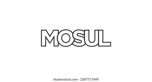 Mosul en el emblema de Irak para la prensa y la web. El diseño presenta estilo geométrico, ilustración vectorial con tipografía audaz en fuente moderna. Letras gráficas de eslóganes aisladas en fondo blanco.