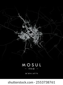 Mosul vector print map in dark theme. Detailed map of Mosul in Iraq. Best free vector illustration. Tourist decorative minimalist street map.