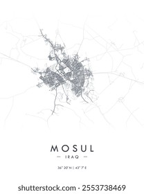 Mosul vector print map. Detailed map of Mosul in Iraq. Best free vector illustration. Tourist decorative minimalist street map.