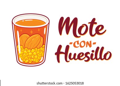 Mote con Huesillo, traditional Chilean drink with dried peaches and cooked wheat. Drawing of typical summer beverage in Chile. Cartoon style hand drawn illustration and text lettering.