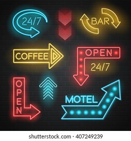 Motel and bar neon realistic arrows set on bricks background isolated vector illustration 