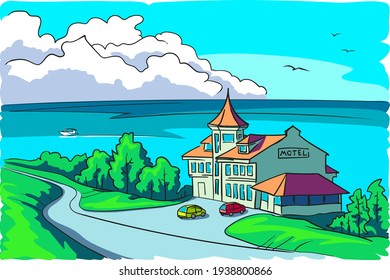 Motel by the sea. Two cars are parked outside the motel. Summer sunny day. Birds and cumulus clouds in the sky. A motor boat is sailing on the sea.