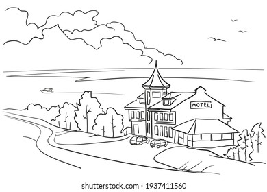 A motel by the sea welcomes guests of motorists. There are birds and clouds in the sky. A motor boat is sailing on the sea. Linear drawing.