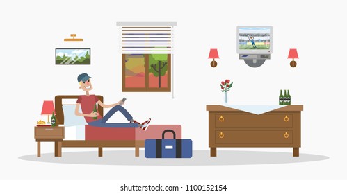 Motel city building interior room with visitors and bed on white.