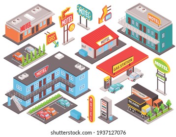 Motel color isometric set with billboard car parking and gas station isolated vector illustration