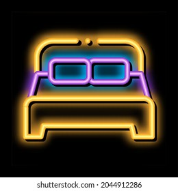 Motel Komfortables Doppelbett Neon Leuchtzeichen Vektorgrafik. Leuchtendes Symbol, transparentes Symbol