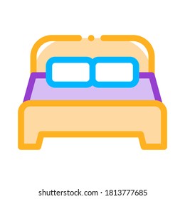 Motel Comfortable Double Bed Vector Thin Line Icon. Bedroom Twin Room Bed, Hotel Performance Of Service Equipment Linear Pictogram. Business Hostel Items Contour Illustration
