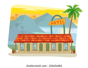 Motel - Cute motel with palm tree at the front and landscape of mountains, sea and palm trees in the background. Eps10