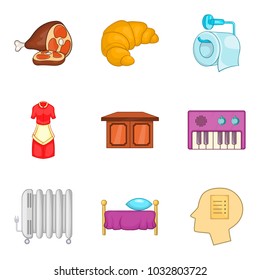 Motel decor icons set. Cartoon set of 9 motel decor vector icons for web isolated on white background