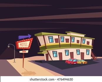 Motel in the desert. Old signboard. Vector cartoon illustration. Parking. Historic building. House facade. Place to rest. Accommodation for tourists