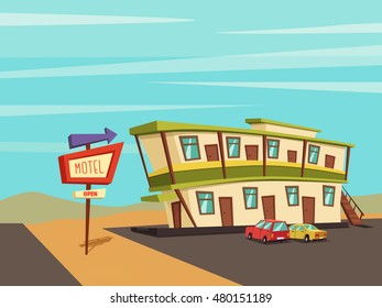 Motel in the desert. Old signboard. Vector cartoon illustration. Parking. Historic building. House facade. Place to rest. Accommodation for tourists