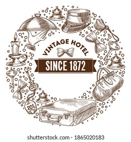 Motel and hotel label, monochrome sketch outline with symbolic objects. Bell and candle with light, hand with dish served in restaurant. Hat cap and luggage, bag and bow. Vector in flat style