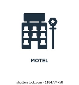 Motel icon. Black filled vector illustration. Motel symbol on white background. Can be used in web and mobile.