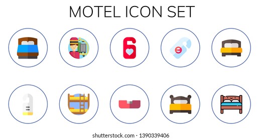 motel icon set. 10 flat motel icons.  Simple modern icons about  - bed, door hanger, bellboy, bunk, do not disturb, double bed
