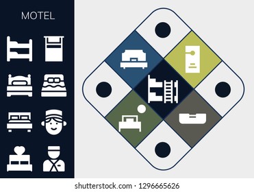  motel icon set. 13 filled motel icons. Simple modern icons about  - Bunk bed, Bed, Bellboy, Double bed, Concierge, Door hanger, Single