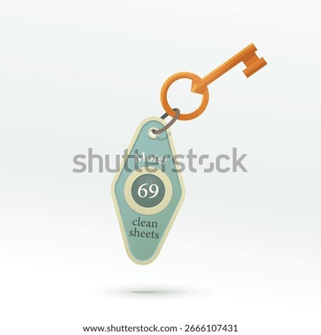 motel key with plastic keychain on white