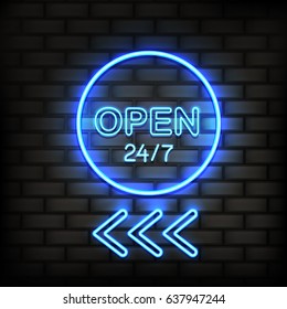 Motel Neon Showing Sign 24h Composition With Flat Luminous Sign On Brickwall With Text Letters And Arrows Vector Illustration