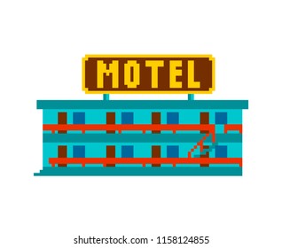 Motel pixel art. Small hotel 8 bit Vector illustration.
