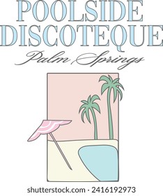 Motel Pool Disco Palm Springs Pastel Palm Retro Varsity College Vegas vacaciones surfer hotel surfer Sun USA Trending Script Slogan Gráfico Tee camiseta logotipo tipografía de arte tote emblema escudo 
