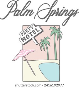 Motel Pool Disco Palm Springs Pastel Palm Retro Varsity College Vegas vacation surf hotel surfer Sun USA Trending Script Slogan Graphic Tee t-shirt logo artwork typography tote badge emblem crest 
