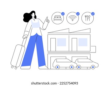 Motel service abstract concept vector illustration. Highway motel, bed and breakfast service, rooms for rent, place to stay, walk-in hotel, driver inn, short-term accommodation abstract metaphor.