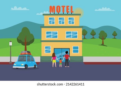 Motel Vector Concept. Young Family Entering A Motel Building After Doing Road Trip