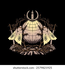 moth badge classic and vintage logo illustration with handrawn style