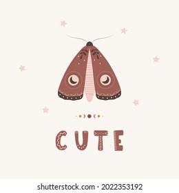 Moth boho poster. Insect with celestial elements. Scandinavian design for children wallpaper and home decor. Cute pastel vector illustration in cartoon style.