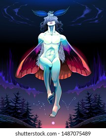 The moth boy. Vector fantasy illustration. The constellations depicted are Aquarius and Pisces.