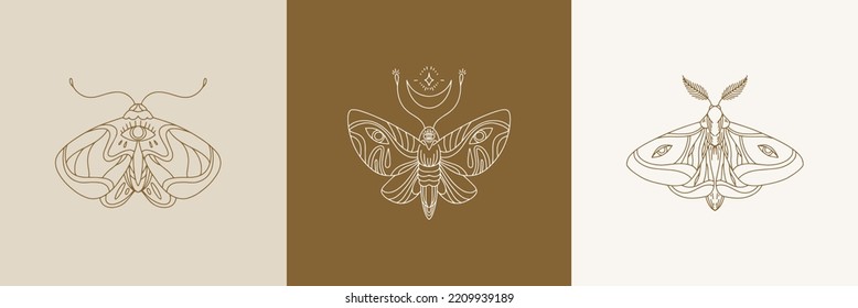 Moth butterflies. Line art. Vector set of hand drawn minimalistic illustration. Creative abstract artwork . Template for card, poster, banner, print for t-shirt, pin, badge, patch.