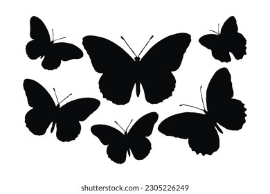 Conjunto vectorial de siluetas blancas y negras de polillas y mariposas. Diseño de conjuntos de siluetas voladoras de mariposas silvestres. Monarca de pie y sentado. Colección vectorial de silueta de mariposas en fondo blanco