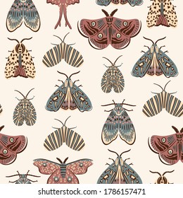 Colección de mariposa de polilla sin fisuras de patrón vectorial. Textura para tela, envoltura, textil, papel pintado, prendas de vestir. 