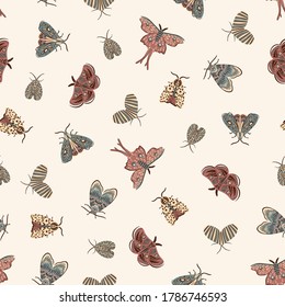 Moth butterfly collection seamless vector pattern. Texture for fabric, wrapping, textile, wallpaper, apparel. 
