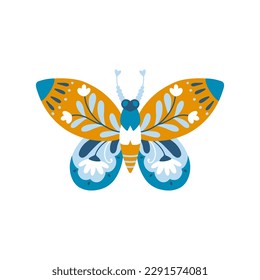 Moth butterfly decorated with flowers. Hand drawn doodle illustration in simple scandinavian style. Isolate vector on a white background