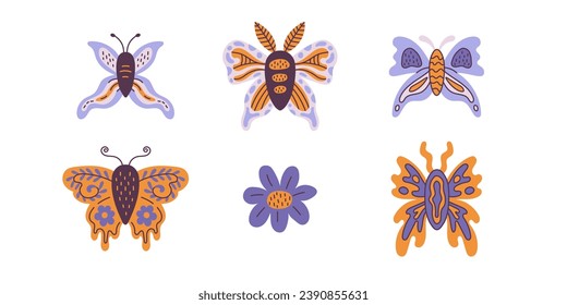 Moth butterfly flower psychedelic set. Trendy hand drawn collection of insects with decorative wings in doodle style with wavy distorted shapes and textures. Vector illustration
