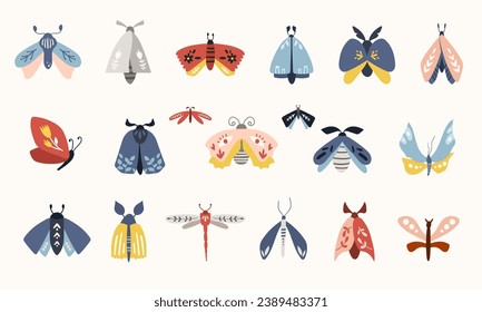 Moth, butterfly in folk style, folkloric Nordic clip arts vector set, hygge cute insects isolated designs on white. Collection of classic ethnic elements. Funny scandi folk motifs bundle