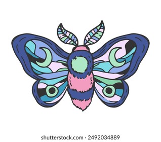 Moth butterfly with half moon. Mystical butterfly. Hand drawn vector illustration.