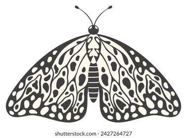 Moth butterfly illustration, vector. Y2k style aesthetic, wing shapes in front view, a magic ornamental symbol. Black and white monochrome element, tattoo graphic print with abstract pattern