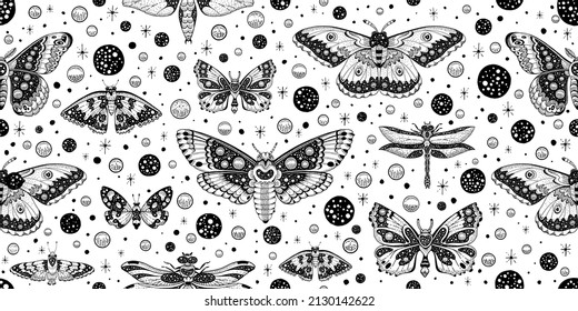 Moth butterfly pattern. Seamless moon boho vector. Celestial magic abstract mystic design. Gothic witch drawing. Print with luna astrology moth pattern. Occult animal illustration mystical background