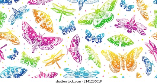 Moth butterfly pattern. Seamless moon boho vector. Celestial magic abstract mystic design. Gothic witch drawing. Print of luna astrology moth pattern. Occult neon illustration mystic white background