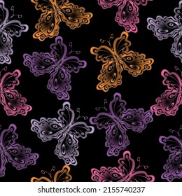 Moth butterfly pattern. Seamless moon boho vector.   Blooming Roses Chamomile Daisies realistic isolated. 