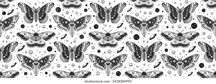 Moth butterfly pattern. Seamless moon boho vector. Celestial magic abstract mystic design. Gothic witch drawing. Print with luna esoteric moth butterfly pattern. Occult sky animal mystical background