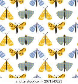 Moth butterfly seamless pattern. Cute doodle hand drawn insects in trendy pastel colors. Sweet funny scandinavian butterflies for kids textile. Delicate and trendy design.