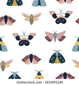 Moth and butterfly seamless pattern. Vector background with flying insects on white backdrop