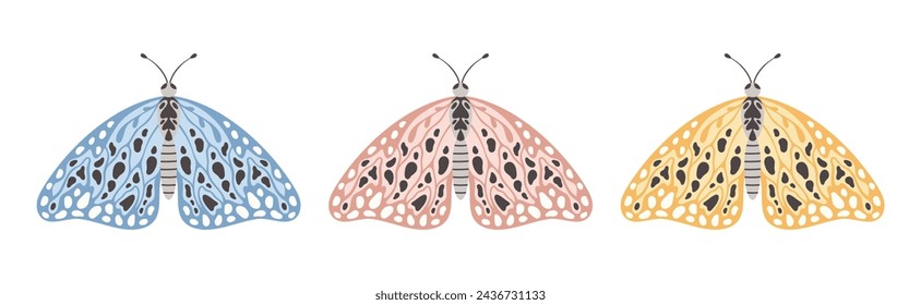 Moth or butterfly set, vector illustration. Wings of flying insects with abstract ornament, front view, element for tattoo design. Summer background