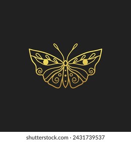 Moth, butterfly, vector illustration, hand drawn celestial boho line art logo, icons and symbol mystic moon tattoo elements for decoration.