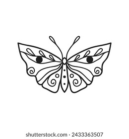 Polilla, mariposa, ilustración vectorial, dibujado a mano línea boho celestial logo de arte, iconos y símbolos místicos elementos de tatuaje de la luna para la decoración.