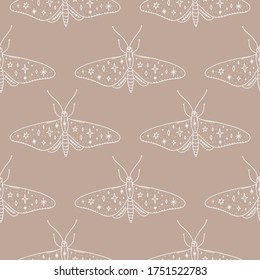 Moth butterfly. Vintage ornate animals concept. Witchcraft totem culture. Harmony and zen. Crescent moon magic symbols. Vector seamless pattern.